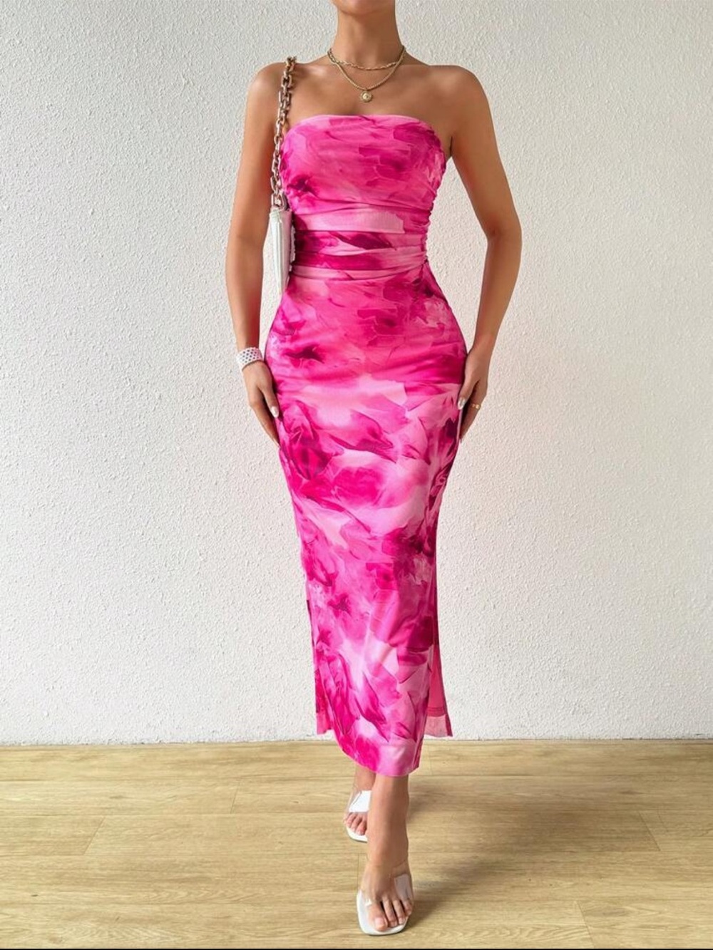 SHEIN Hot Pink Marble Strapless Midi Dress